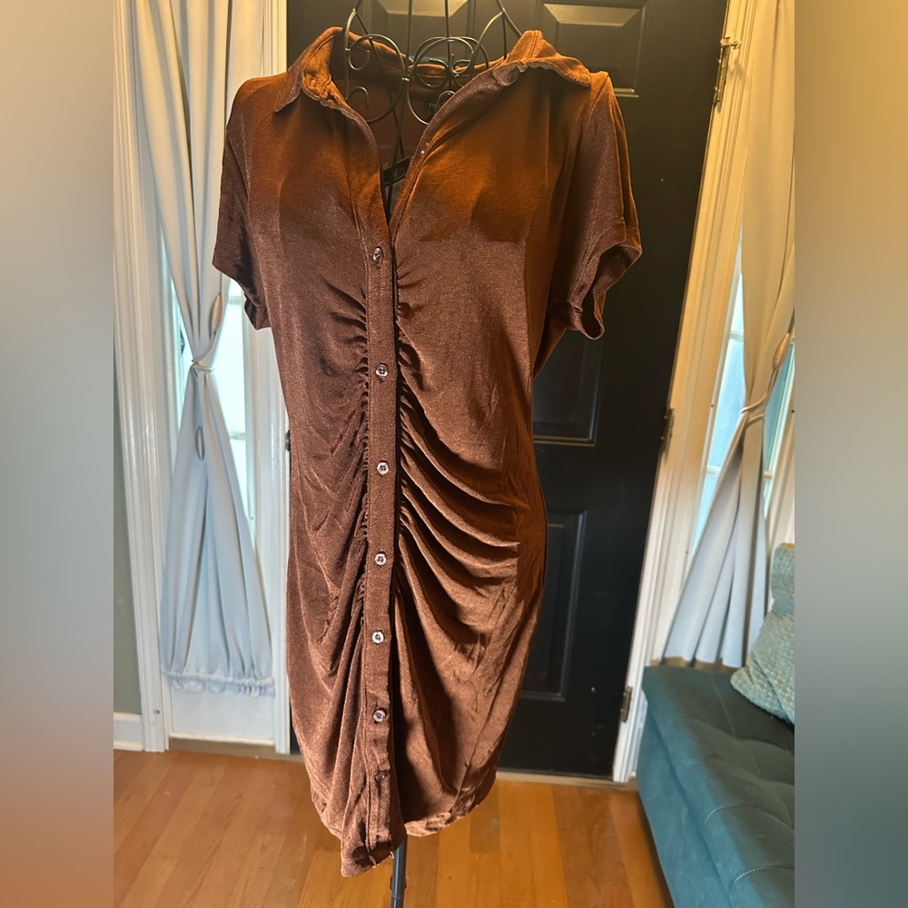Brown Ruched Button-Up Dress
